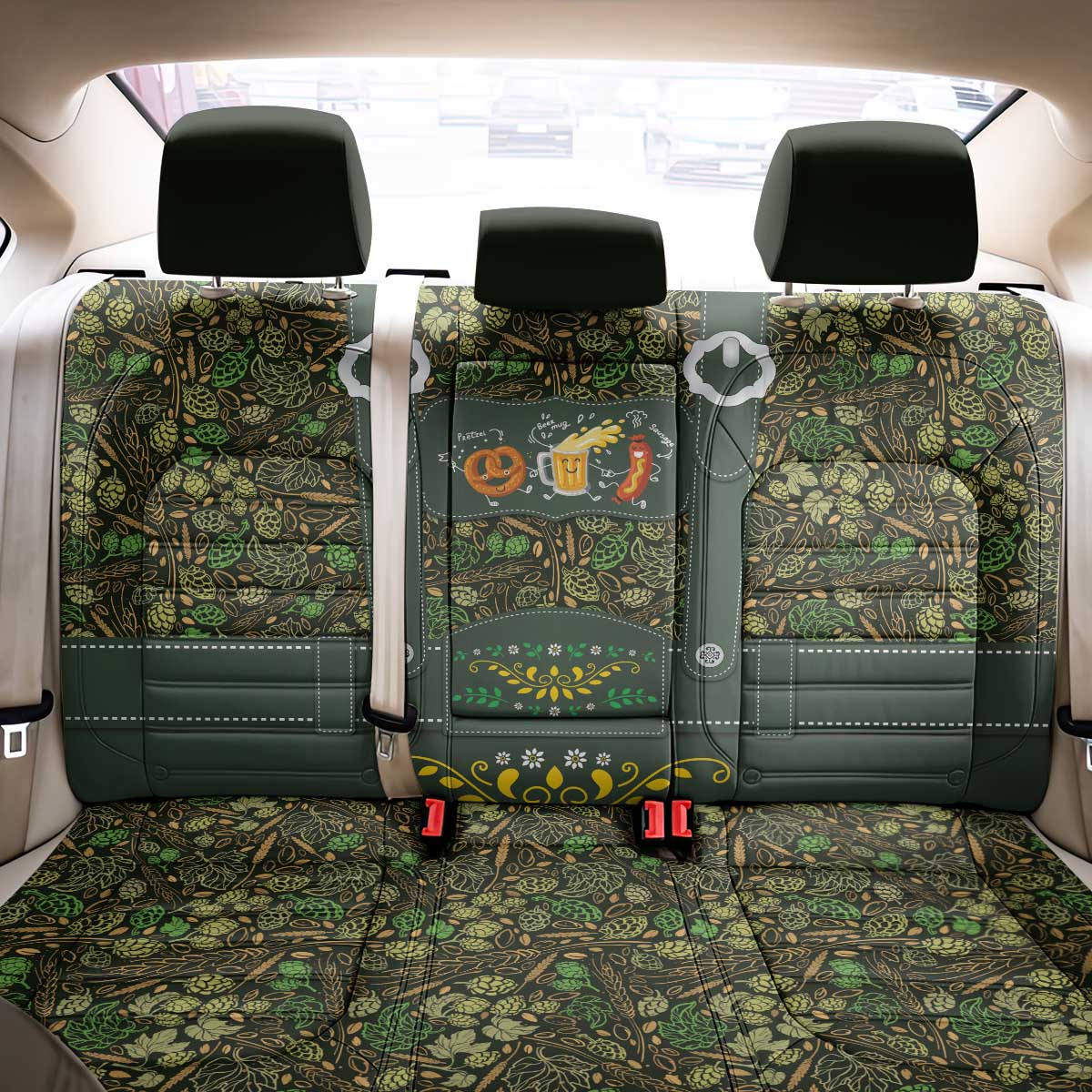 Lederhosen Oktoberfest Back Car Seat Cover Hops And Malt Pattern - Wonder Print Shop