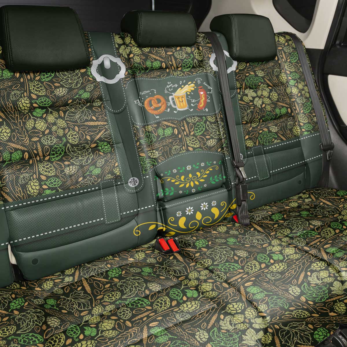 Lederhosen Oktoberfest Back Car Seat Cover Hops And Malt Pattern - Wonder Print Shop
