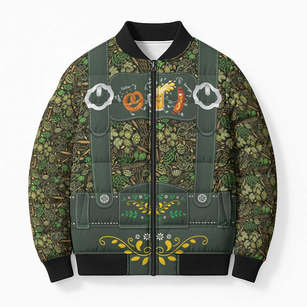 Lederhosen Oktoberfest Bomber Puffer Jacket Hops And Malt Pattern - Wonder Print Shop