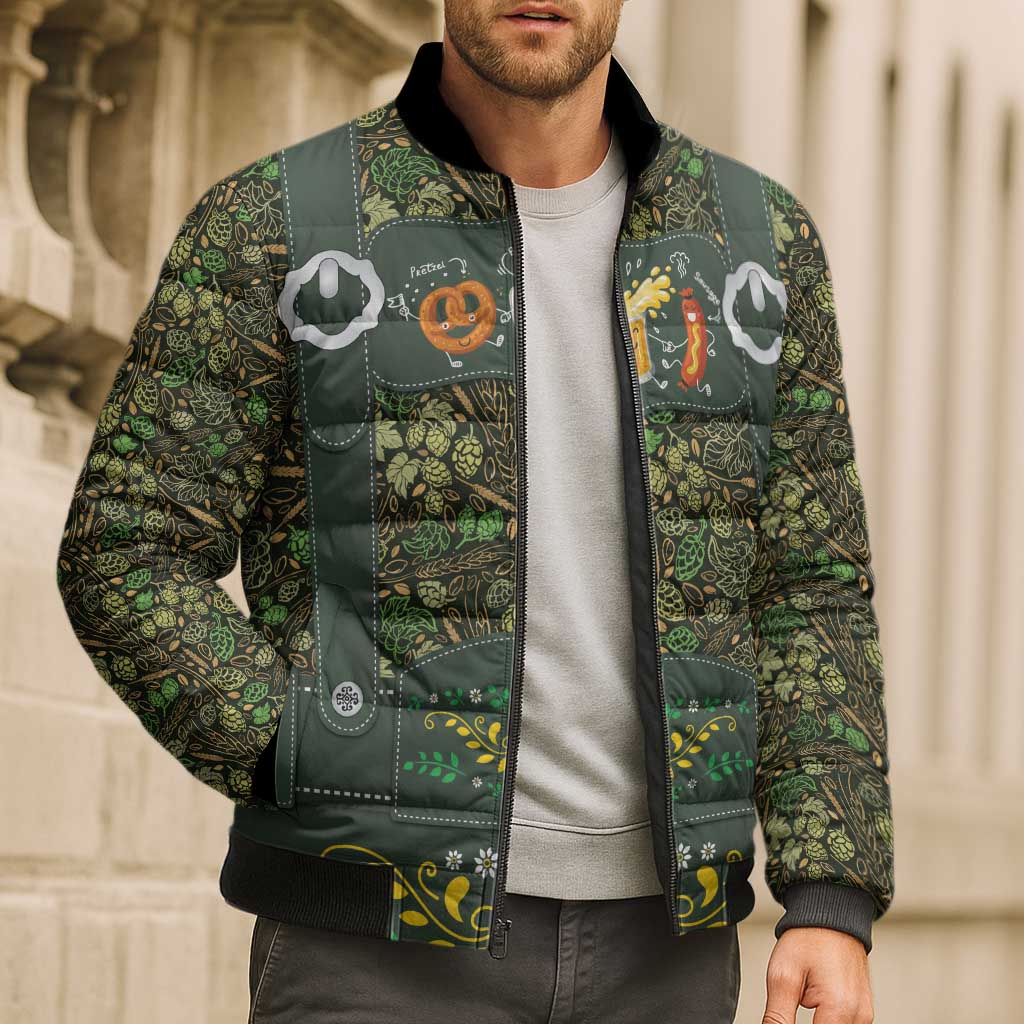Lederhosen Oktoberfest Bomber Puffer Jacket Hops And Malt Pattern - Wonder Print Shop