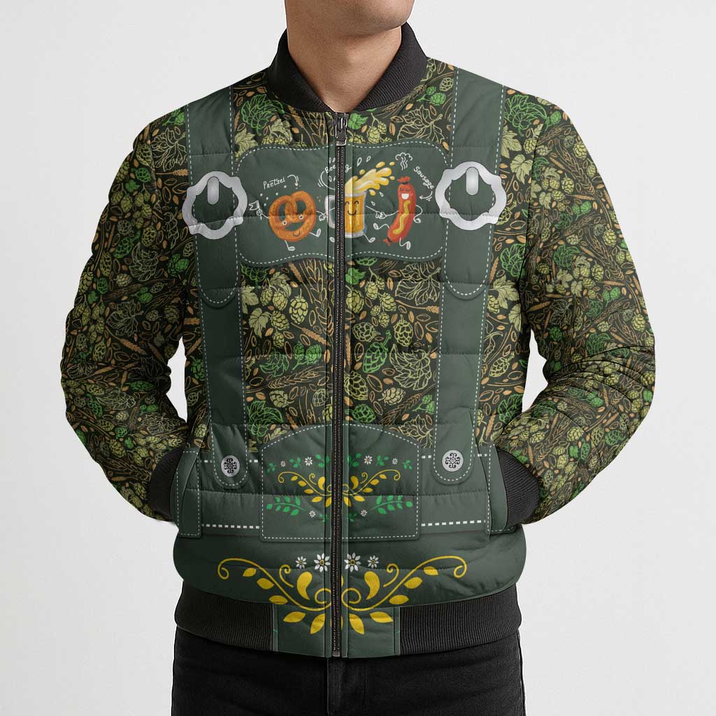 Lederhosen Oktoberfest Bomber Puffer Jacket Hops And Malt Pattern - Wonder Print Shop
