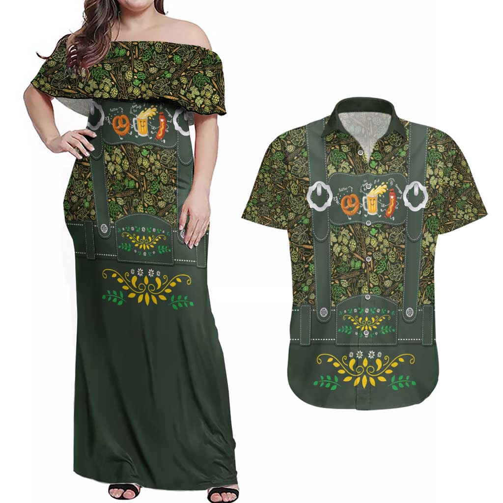Lederhosen Oktoberfest Couples Matching Off Shoulder Maxi Dress and Hawaiian Shirt Hops And Malt Pattern - Wonder Print Shop