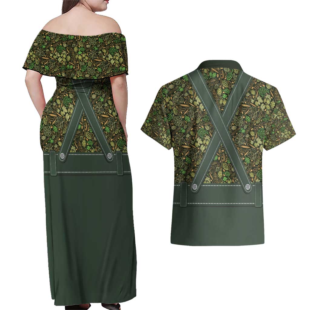Lederhosen Oktoberfest Couples Matching Off Shoulder Maxi Dress and Hawaiian Shirt Hops And Malt Pattern - Wonder Print Shop