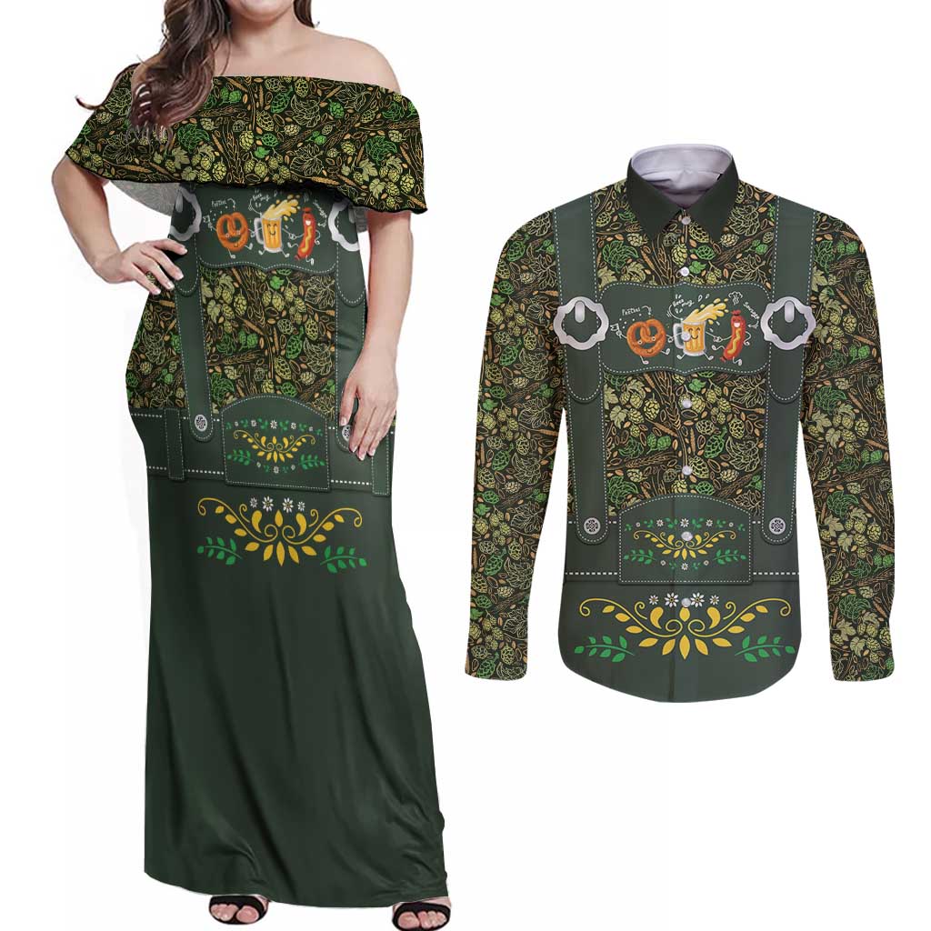 Lederhosen Oktoberfest Couples Matching Off Shoulder Maxi Dress and Long Sleeve Button Shirt Hops And Malt Pattern - Wonder Print Shop