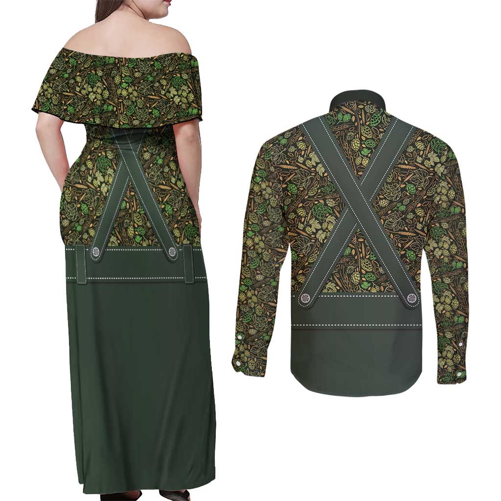 Lederhosen Oktoberfest Couples Matching Off Shoulder Maxi Dress and Long Sleeve Button Shirt Hops And Malt Pattern - Wonder Print Shop