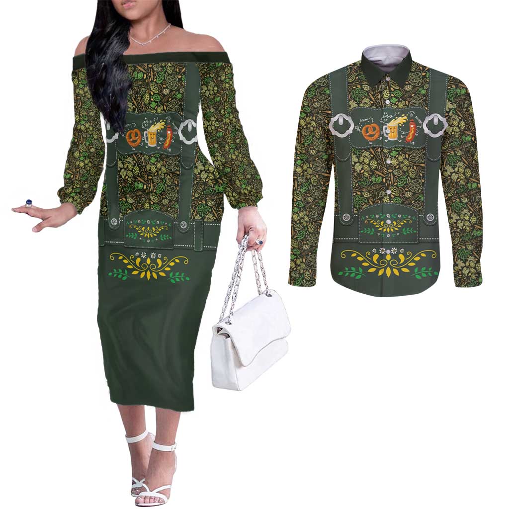Lederhosen Oktoberfest Couples Matching Off The Shoulder Long Sleeve Dress and Long Sleeve Button Shirt Hops And Malt Pattern - Wonder Print Shop