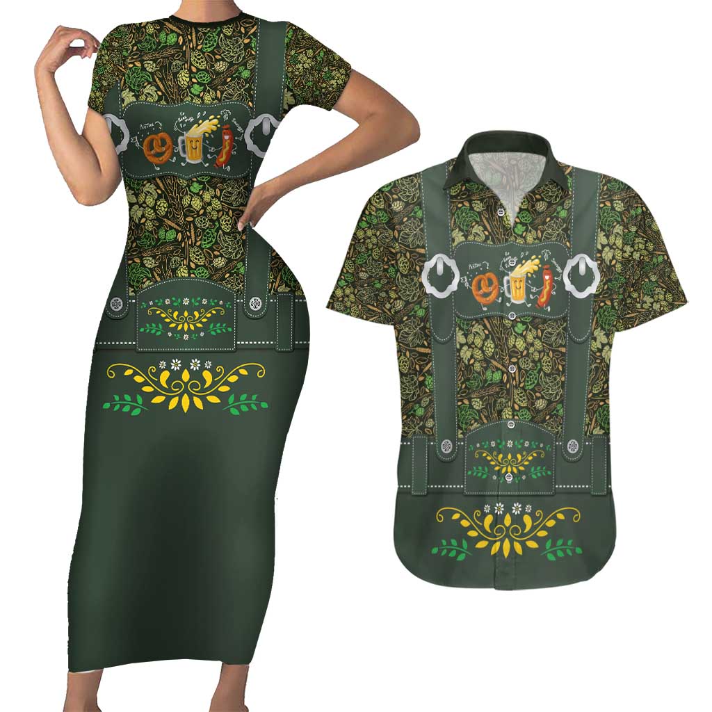 Lederhosen Oktoberfest Couples Matching Short Sleeve Bodycon Dress and Hawaiian Shirt Hops And Malt Pattern - Wonder Print Shop