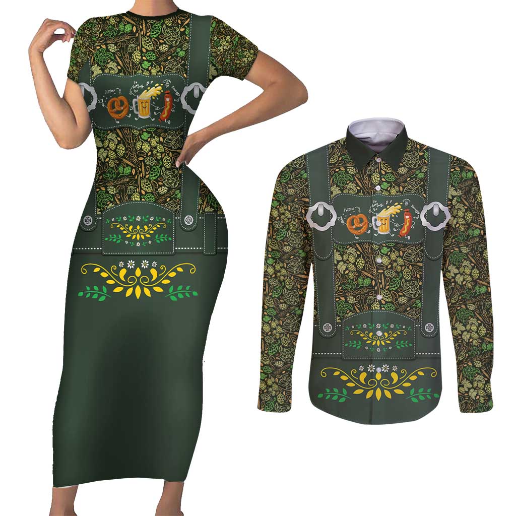 Lederhosen Oktoberfest Couples Matching Short Sleeve Bodycon Dress and Long Sleeve Button Shirt Hops And Malt Pattern - Wonder Print Shop
