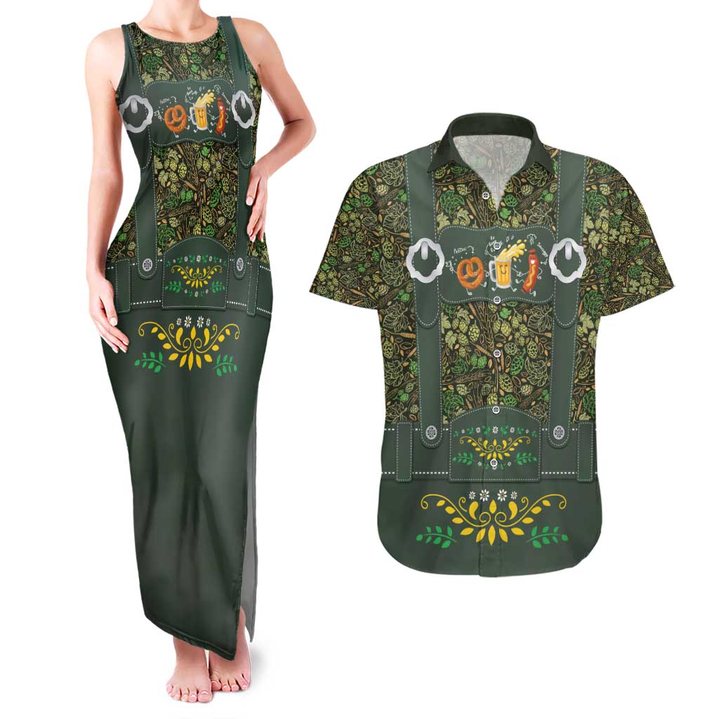 Lederhosen Oktoberfest Couples Matching Tank Maxi Dress and Hawaiian Shirt Hops And Malt Pattern - Wonder Print Shop