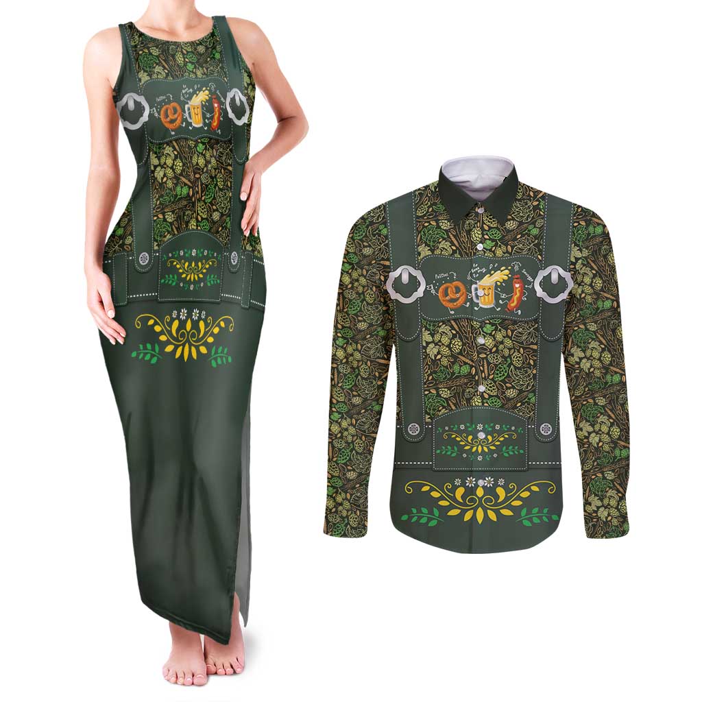 Lederhosen Oktoberfest Couples Matching Tank Maxi Dress and Long Sleeve Button Shirt Hops And Malt Pattern - Wonder Print Shop