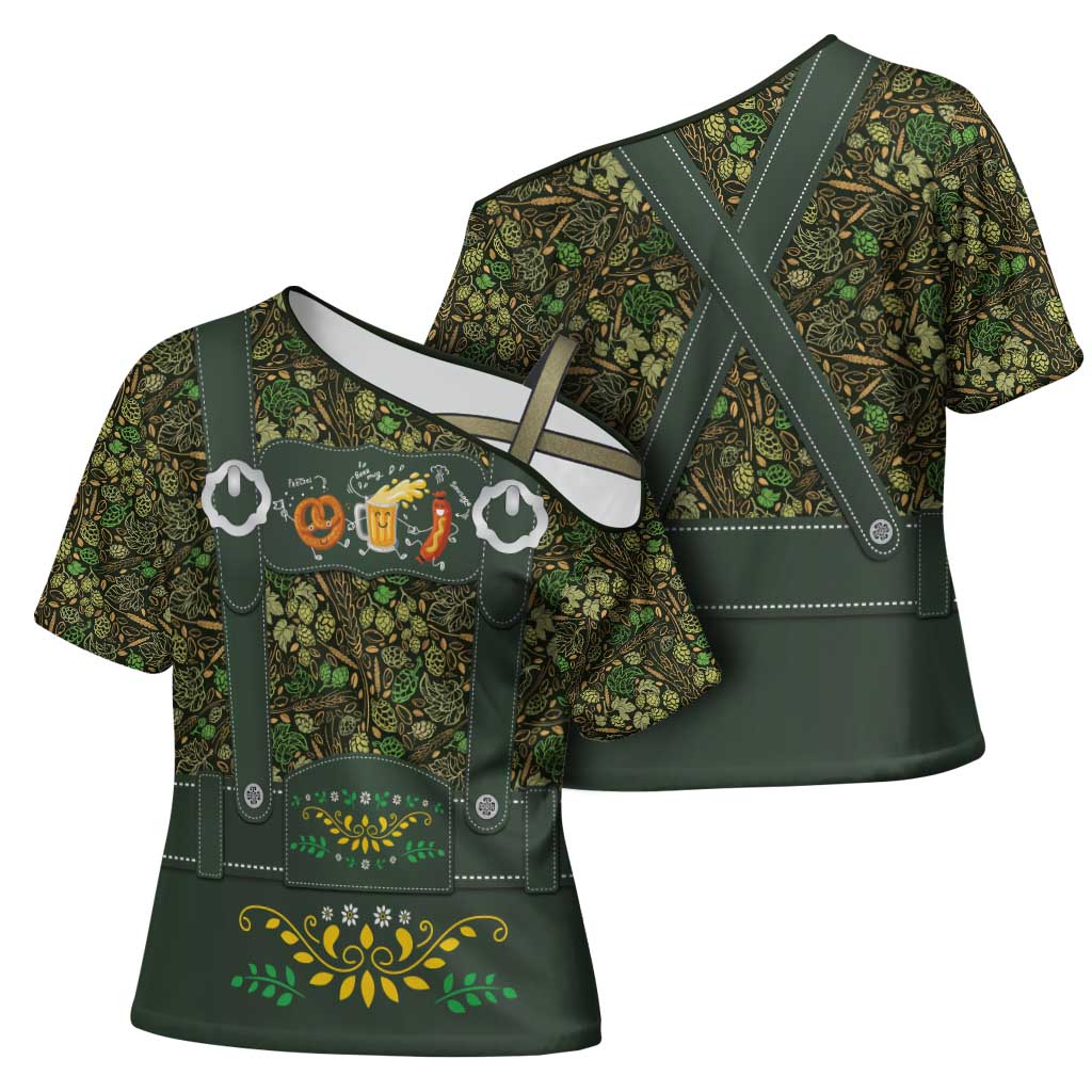 Lederhosen Oktoberfest Cross Shoulder Shirt Hops And Malt Pattern - Wonder Print Shop