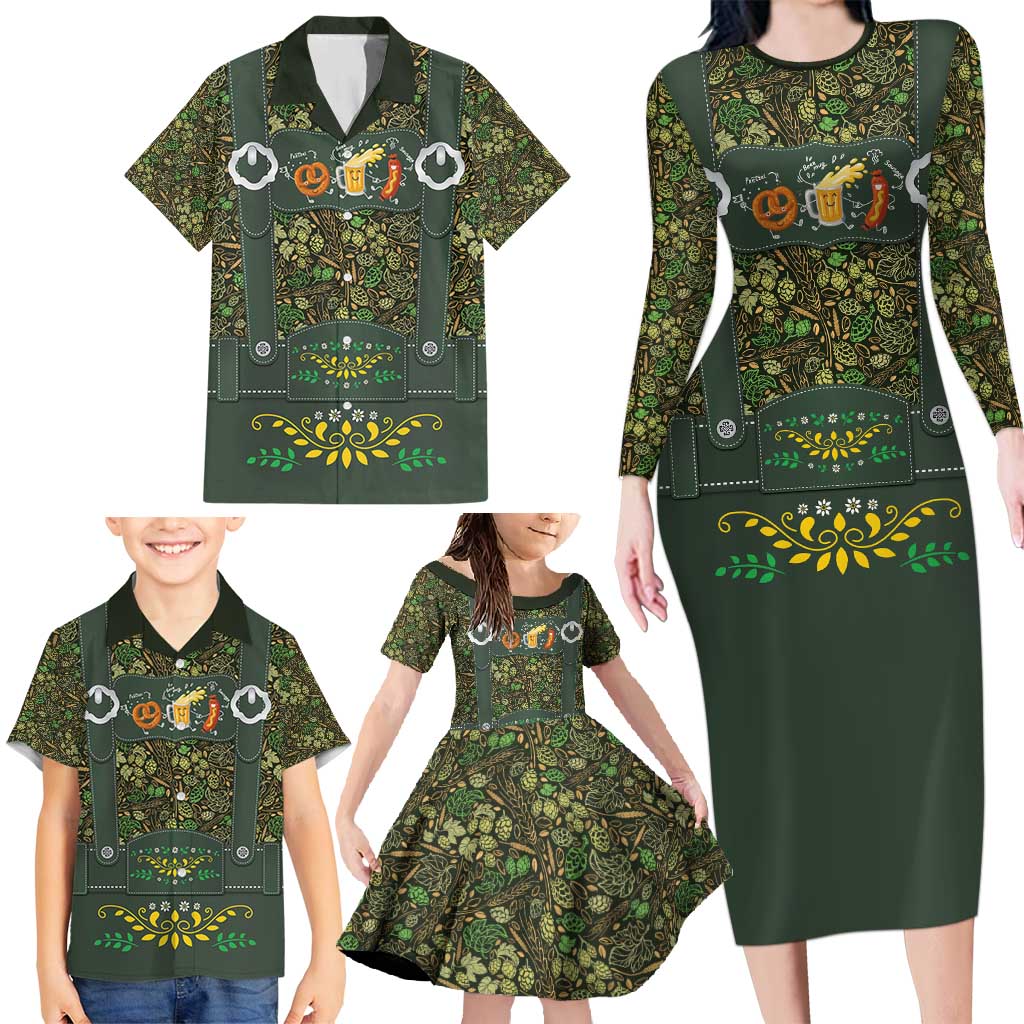 Lederhosen Oktoberfest Family Matching Long Sleeve Bodycon Dress and Hawaiian Shirt Hops And Malt Pattern - Wonder Print Shop