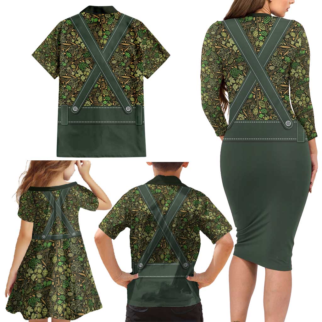 Lederhosen Oktoberfest Family Matching Long Sleeve Bodycon Dress and Hawaiian Shirt Hops And Malt Pattern - Wonder Print Shop