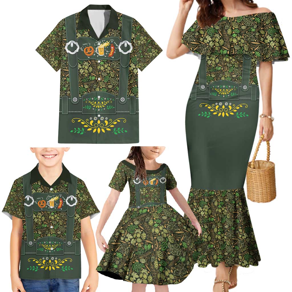 Lederhosen Oktoberfest Family Matching Mermaid Dress and Hawaiian Shirt Hops And Malt Pattern - Wonder Print Shop