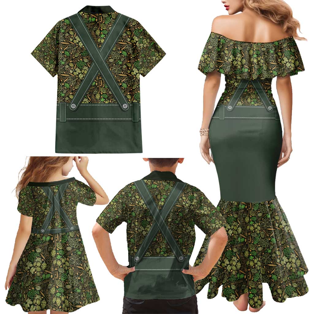 Lederhosen Oktoberfest Family Matching Mermaid Dress and Hawaiian Shirt Hops And Malt Pattern - Wonder Print Shop