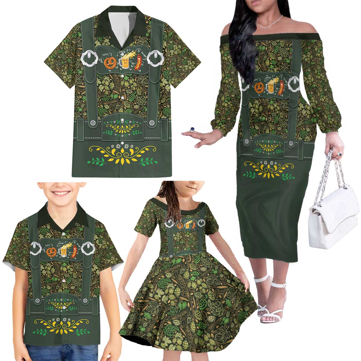Lederhosen Oktoberfest Family Matching Off The Shoulder Long Sleeve Dress and Hawaiian Shirt Hops And Malt Pattern - Wonder Print Shop