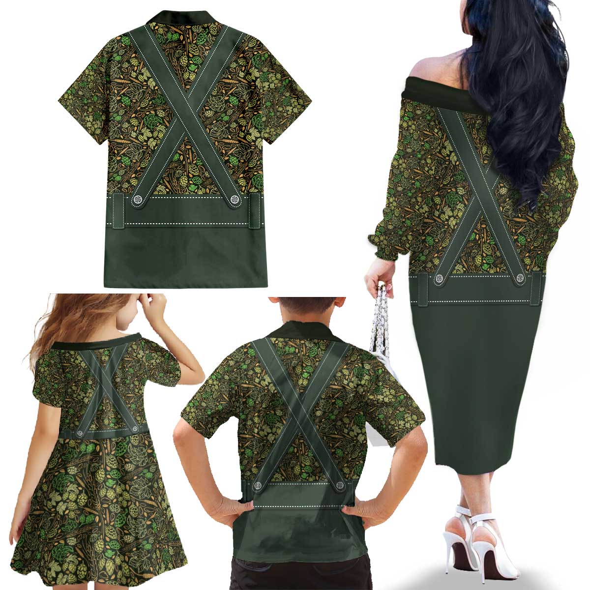 Lederhosen Oktoberfest Family Matching Off The Shoulder Long Sleeve Dress and Hawaiian Shirt Hops And Malt Pattern - Wonder Print Shop