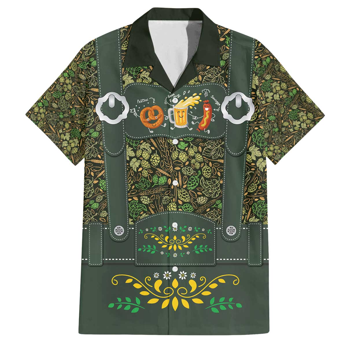 Lederhosen Oktoberfest Family Matching Off The Shoulder Long Sleeve Dress and Hawaiian Shirt Hops And Malt Pattern - Wonder Print Shop