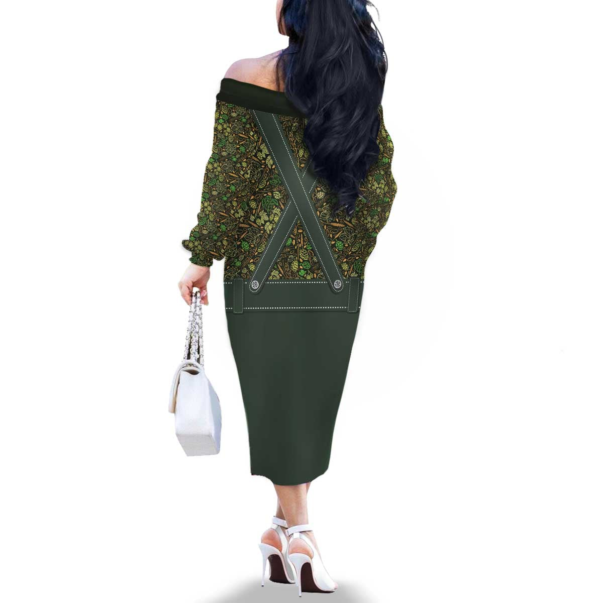 Lederhosen Oktoberfest Family Matching Off The Shoulder Long Sleeve Dress and Hawaiian Shirt Hops And Malt Pattern - Wonder Print Shop