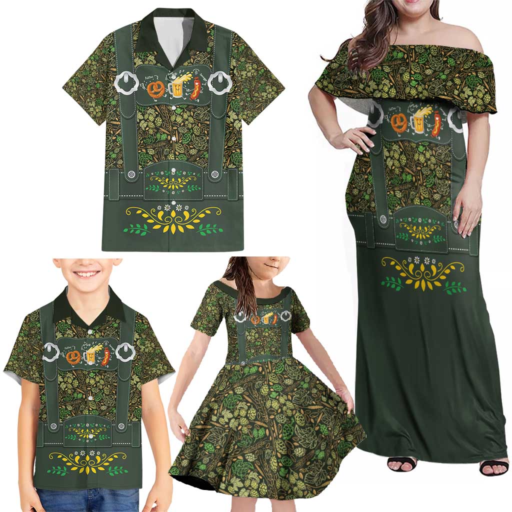 Lederhosen Oktoberfest Family Matching Off Shoulder Maxi Dress and Hawaiian Shirt Hops And Malt Pattern - Wonder Print Shop