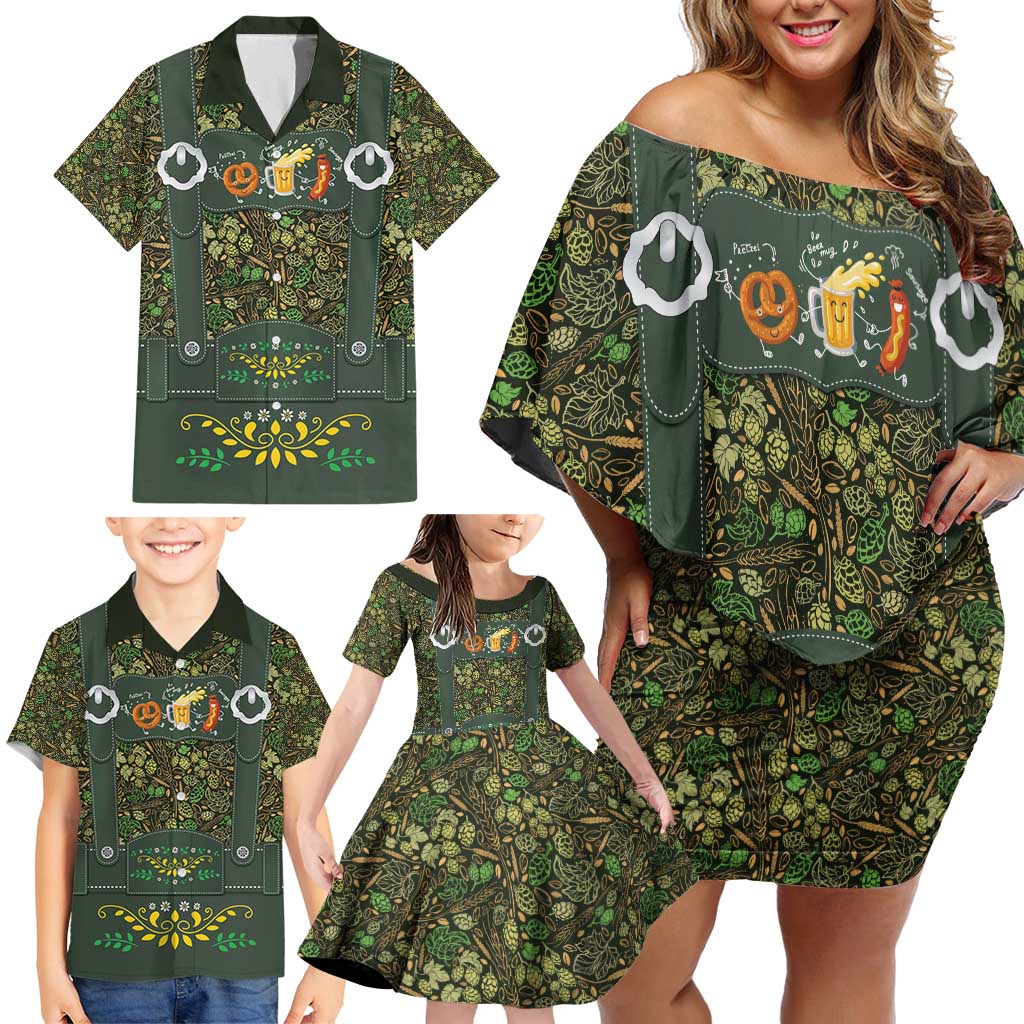 Lederhosen Oktoberfest Family Matching Off Shoulder Short Dress and Hawaiian Shirt Hops And Malt Pattern - Wonder Print Shop