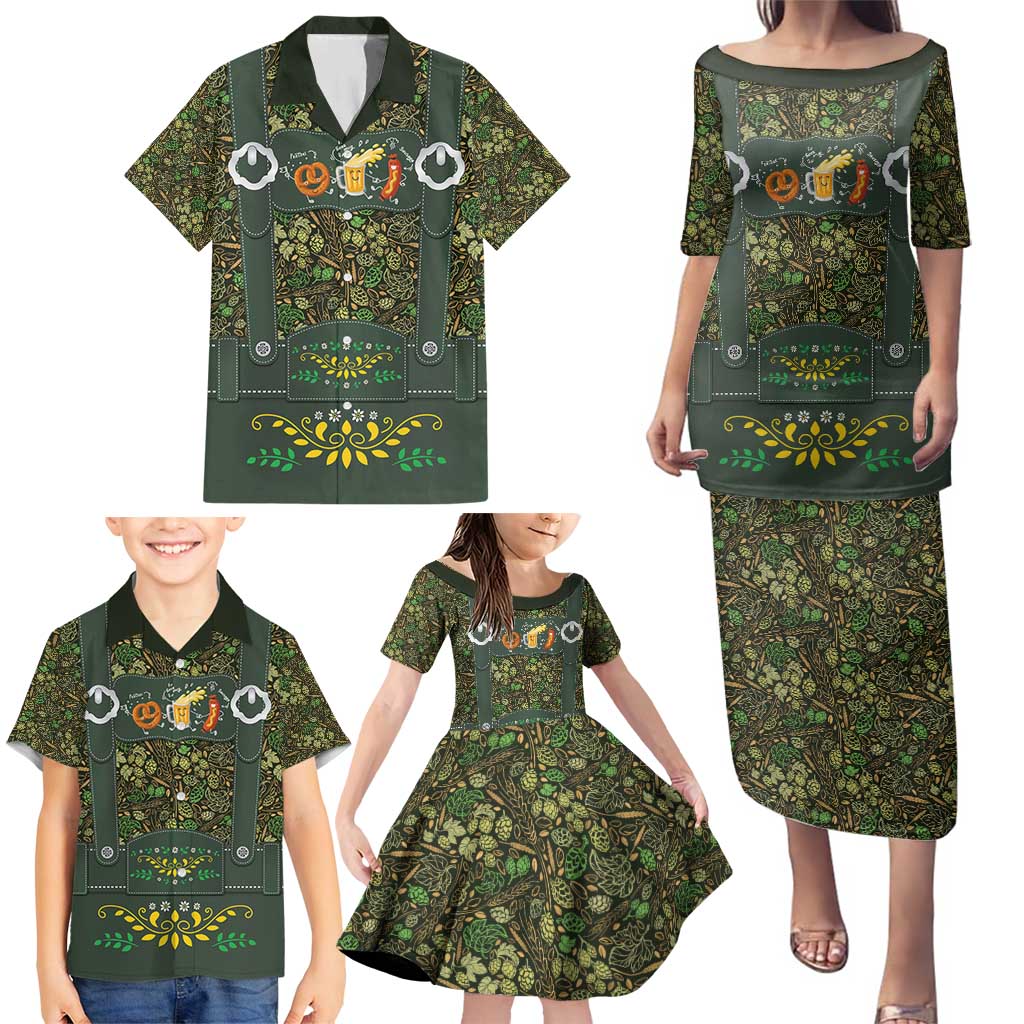 Lederhosen Oktoberfest Family Matching Puletasi and Hawaiian Shirt Hops And Malt Pattern - Wonder Print Shop