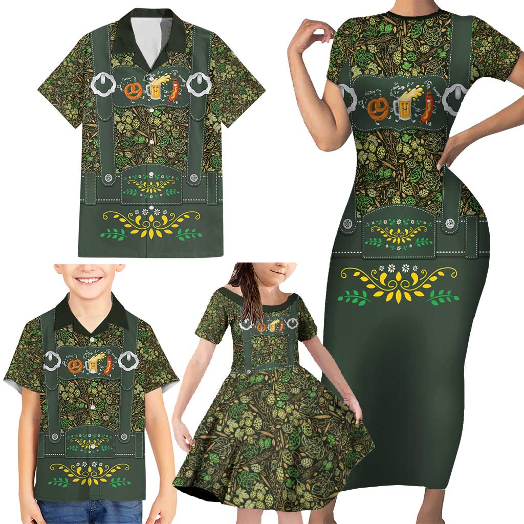 Lederhosen Oktoberfest Family Matching Short Sleeve Bodycon Dress and Hawaiian Shirt Hops And Malt Pattern - Wonder Print Shop
