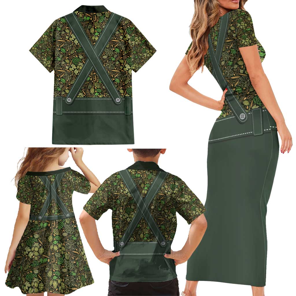 Lederhosen Oktoberfest Family Matching Short Sleeve Bodycon Dress and Hawaiian Shirt Hops And Malt Pattern - Wonder Print Shop