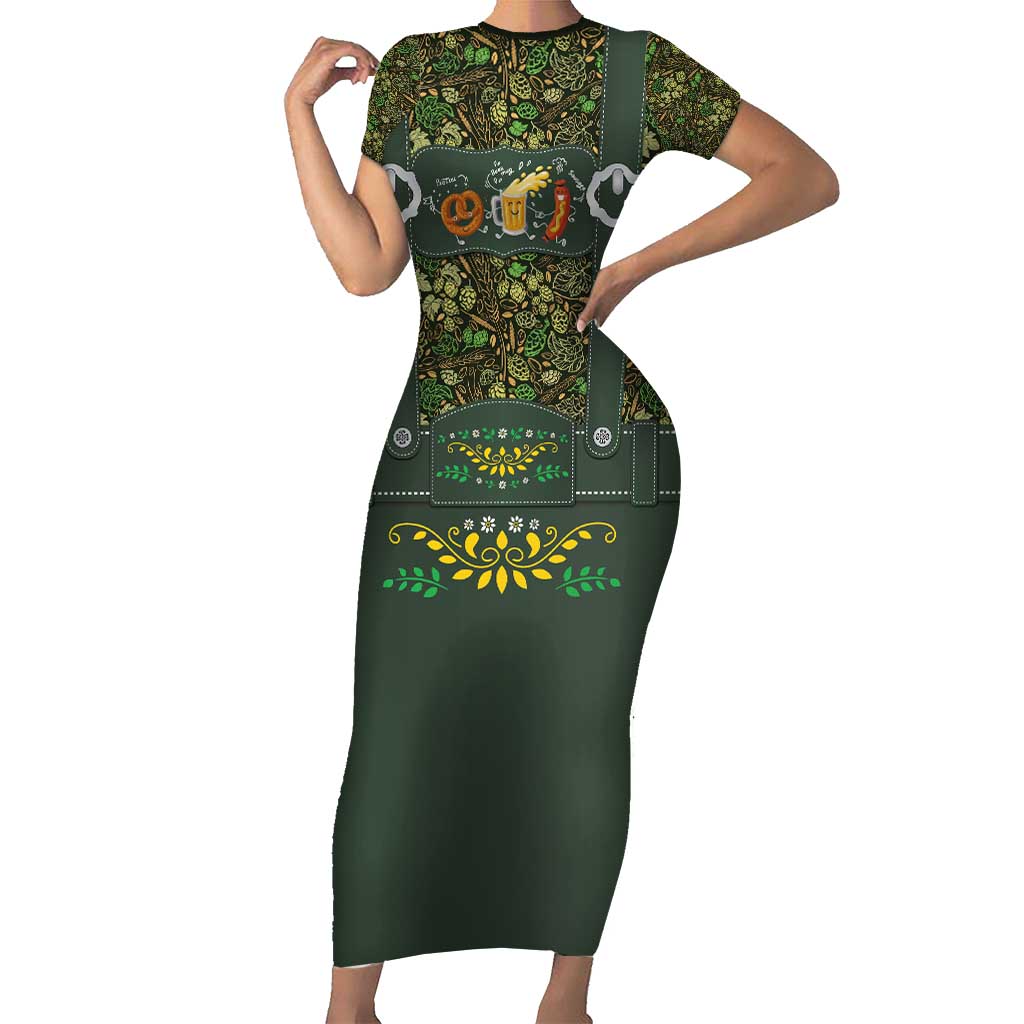 Lederhosen Oktoberfest Family Matching Short Sleeve Bodycon Dress and Hawaiian Shirt Hops And Malt Pattern - Wonder Print Shop