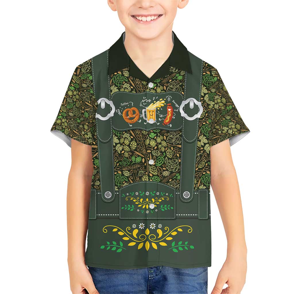 Lederhosen Oktoberfest Family Matching Short Sleeve Bodycon Dress and Hawaiian Shirt Hops And Malt Pattern - Wonder Print Shop