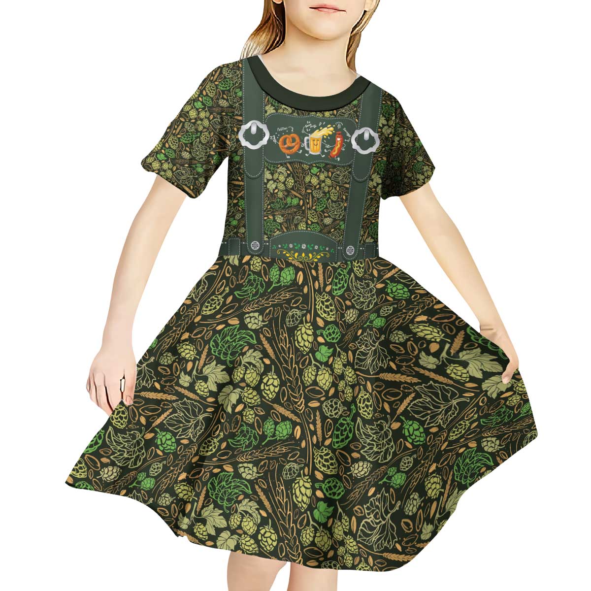 Lederhosen Oktoberfest Kid Short Sleeve Dress Hops And Malt Pattern - Wonder Print Shop