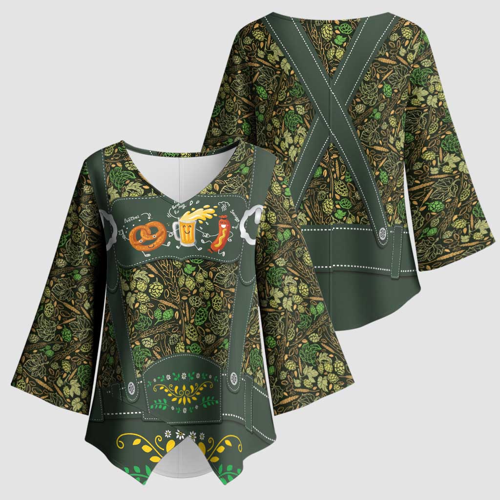 Lederhosen Oktoberfest Kimono Sleeve Blouse Hops And Malt Pattern - Wonder Print Shop