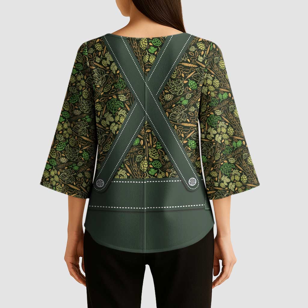 Lederhosen Oktoberfest Kimono Sleeve Blouse Hops And Malt Pattern - Wonder Print Shop