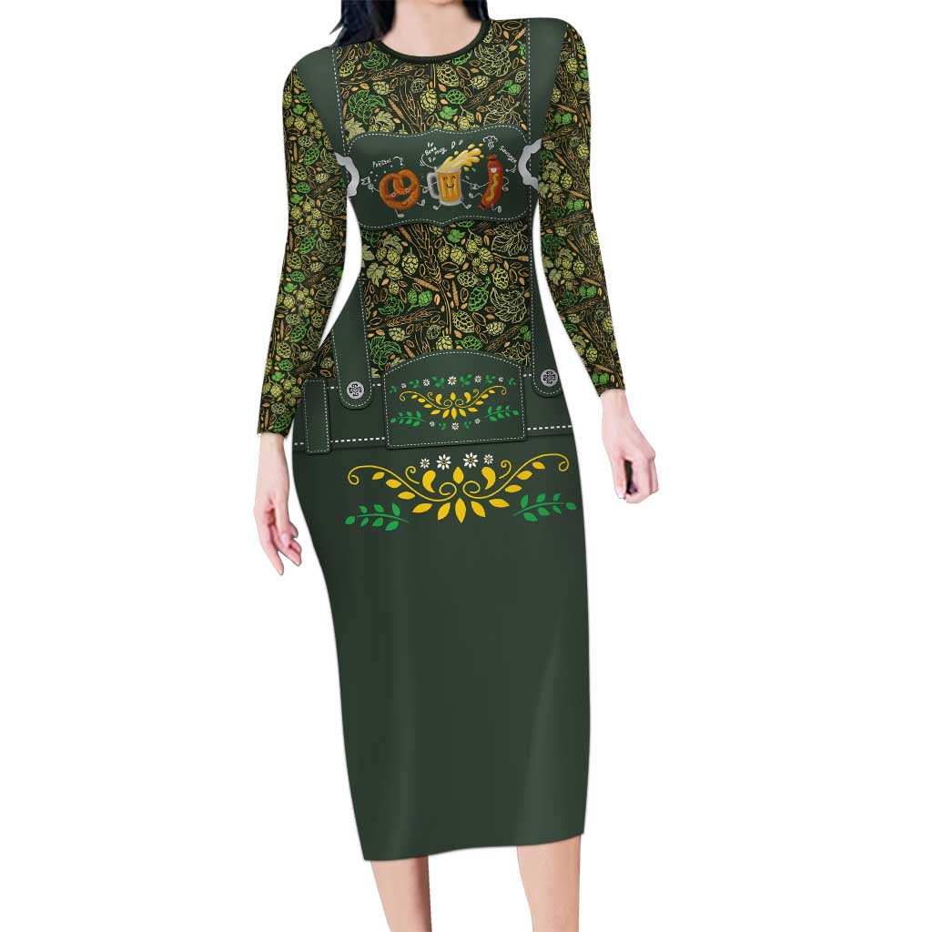 Lederhosen Oktoberfest Long Sleeve Bodycon Dress Hops And Malt Pattern - Wonder Print Shop