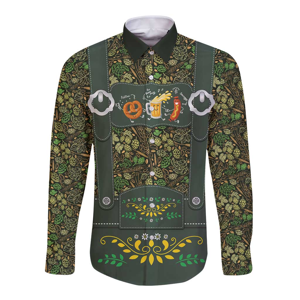 Lederhosen Oktoberfest Long Sleeve Button Shirt Hops And Malt Pattern - Wonder Print Shop