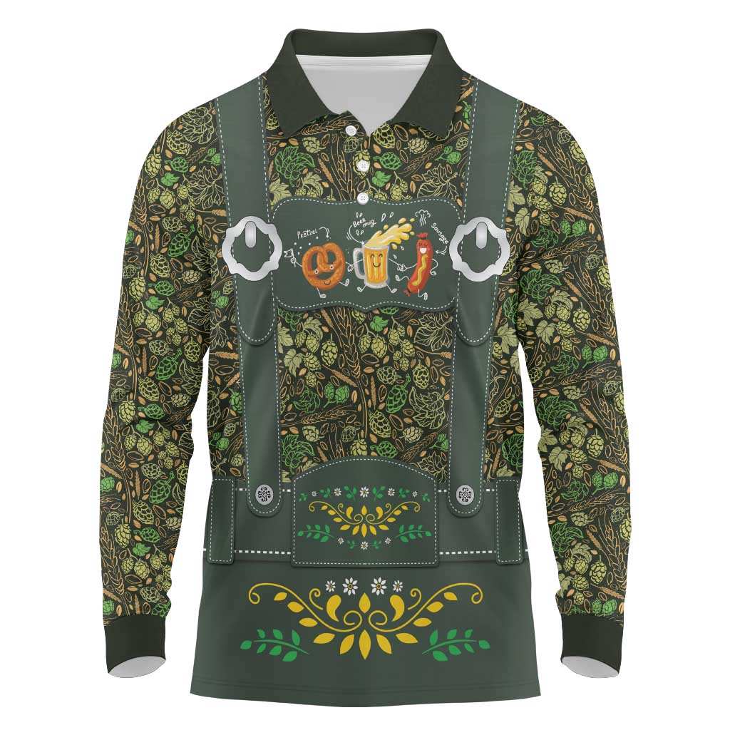 Lederhosen Oktoberfest Long Sleeve Polo Shirt Hops And Malt Pattern - Wonder Print Shop
