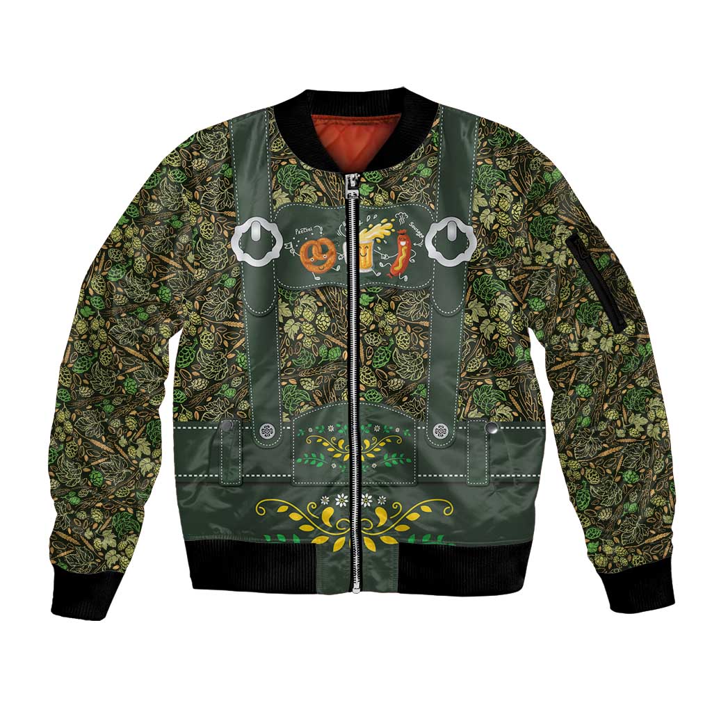 Lederhosen Oktoberfest Sleeve Zip Bomber Jacket Hops And Malt Pattern - Wonder Print Shop