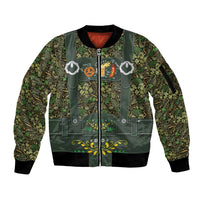 Lederhosen Oktoberfest Sleeve Zip Bomber Jacket Hops And Malt Pattern - Wonder Print Shop