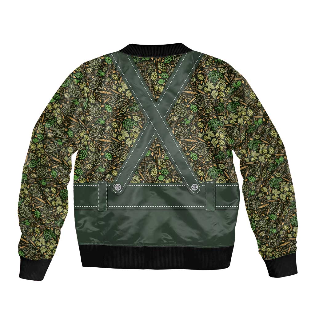 Lederhosen Oktoberfest Sleeve Zip Bomber Jacket Hops And Malt Pattern - Wonder Print Shop