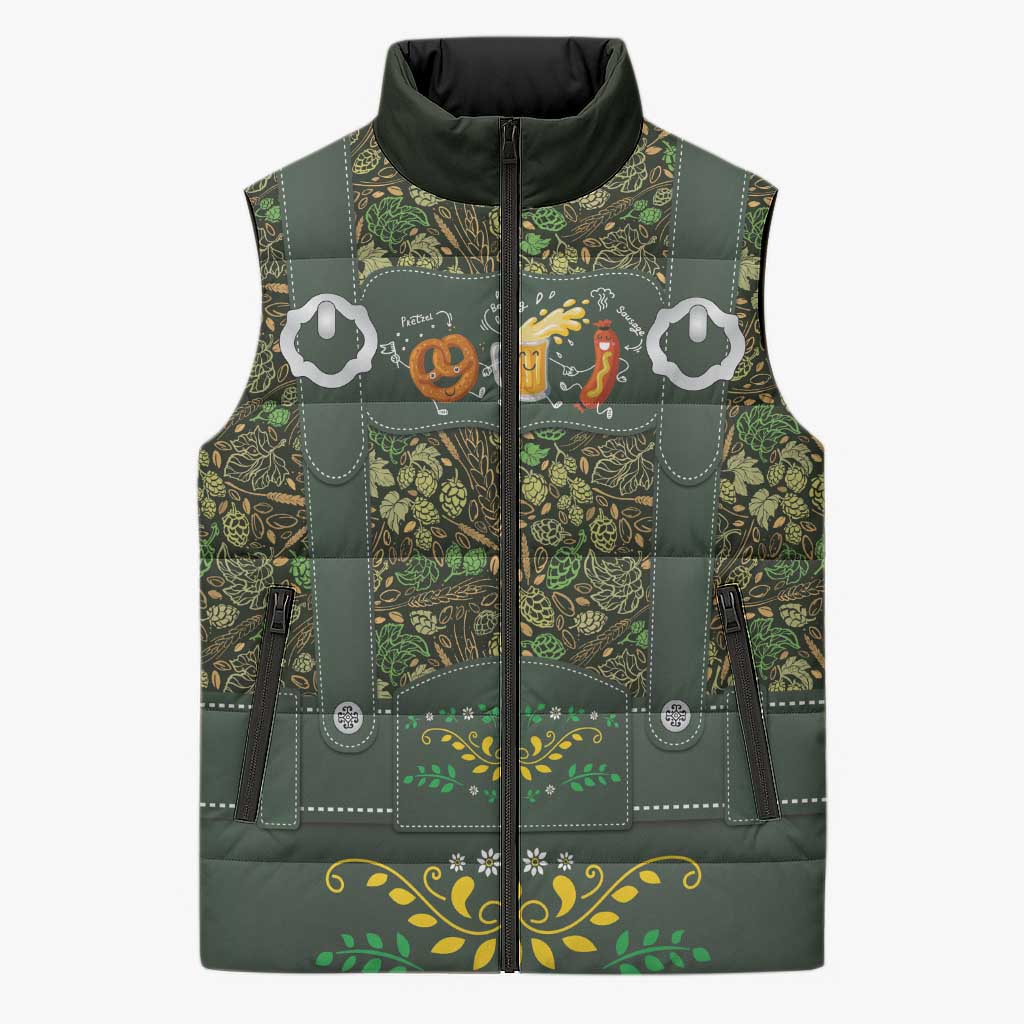 Lederhosen Oktoberfest Sleeveless Puffer Jacket Hops And Malt Pattern - Wonder Print Shop