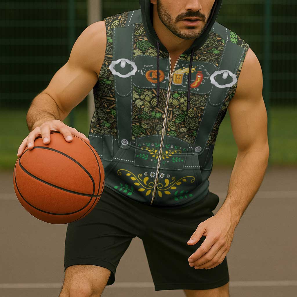 Lederhosen Oktoberfest Sleeveless Zip Hoodie Hops And Malt Pattern - Wonder Print Shop