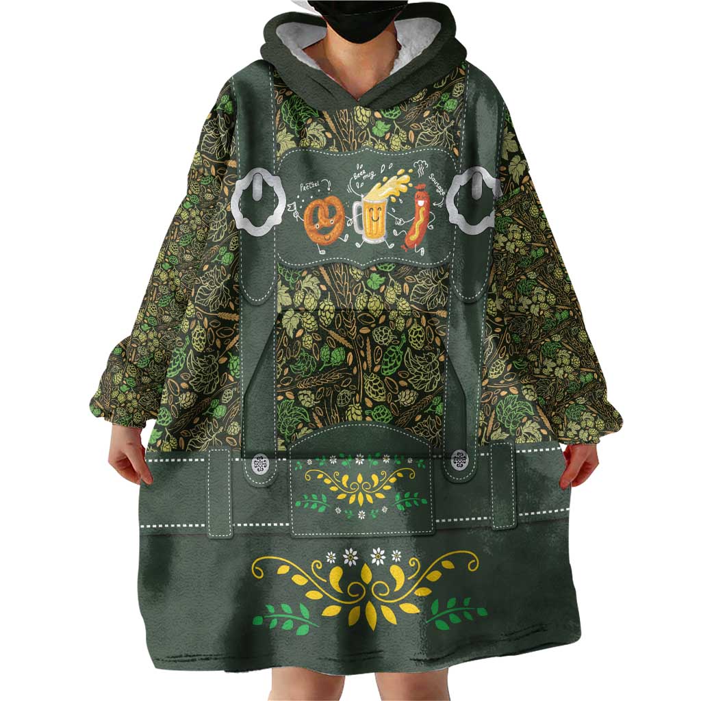 Lederhosen Oktoberfest Wearable Blanket Hoodie Hops And Malt Pattern - Wonder Print Shop