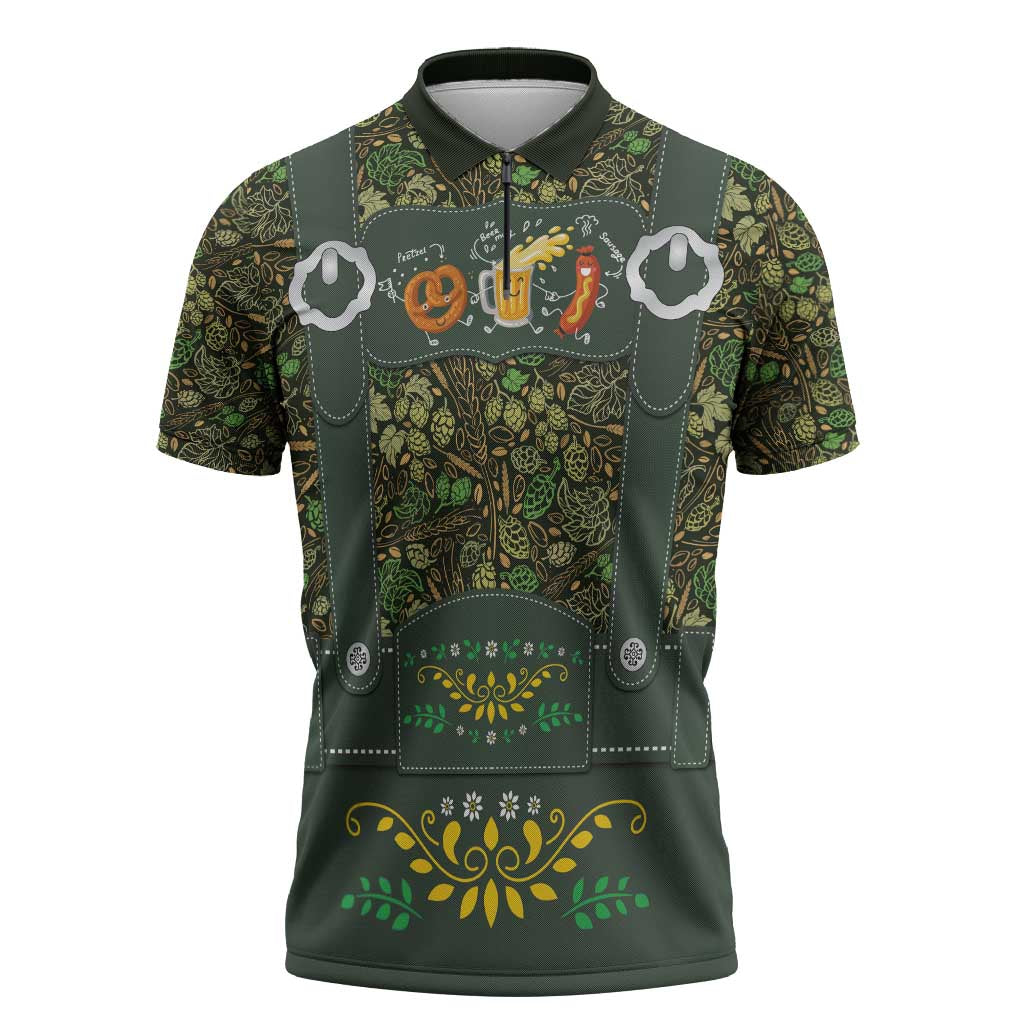 Lederhosen Oktoberfest Zipper Polo Shirt Hops And Malt Pattern - Wonder Print Shop