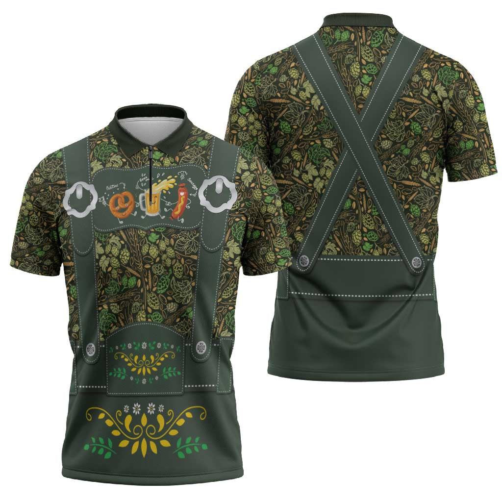 Lederhosen Oktoberfest Zipper Polo Shirt Hops And Malt Pattern - Wonder Print Shop