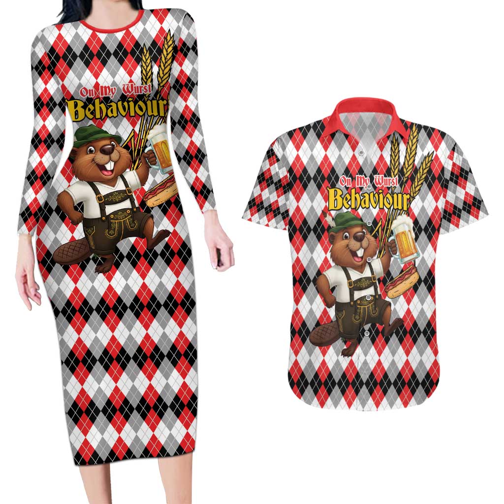 Oktoberfest Beaver Couples Matching Long Sleeve Bodycon Dress and Hawaiian Shirt On My Wurst Behaviour - Wonder Print Shop