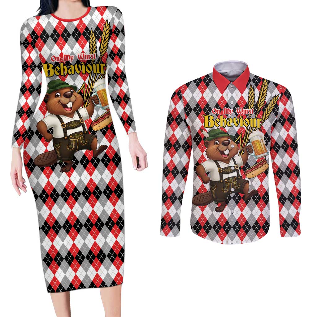 Oktoberfest Beaver Couples Matching Long Sleeve Bodycon Dress and Long Sleeve Button Shirt On My Wurst Behaviour - Wonder Print Shop