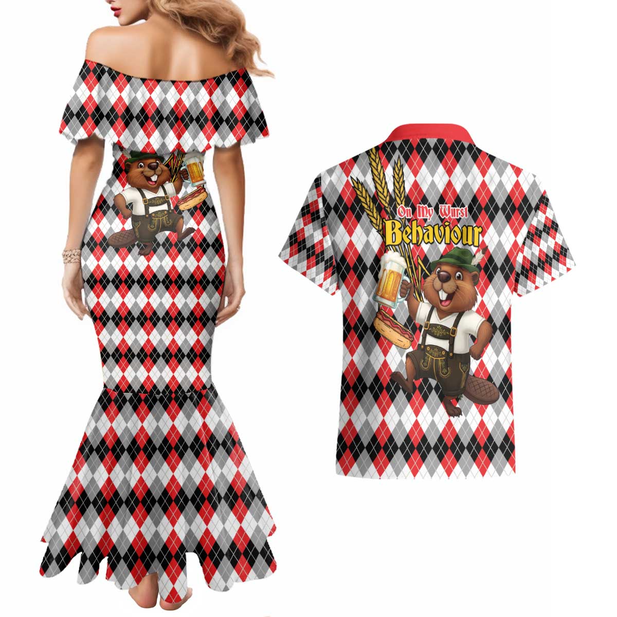 Oktoberfest Beaver Couples Matching Mermaid Dress and Hawaiian Shirt On My Wurst Behaviour - Wonder Print Shop