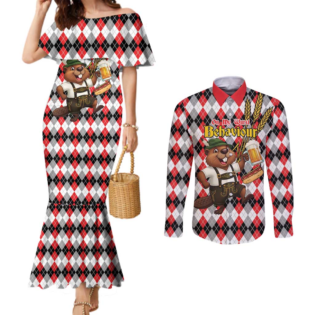 Oktoberfest Beaver Couples Matching Mermaid Dress and Long Sleeve Button Shirt On My Wurst Behaviour - Wonder Print Shop