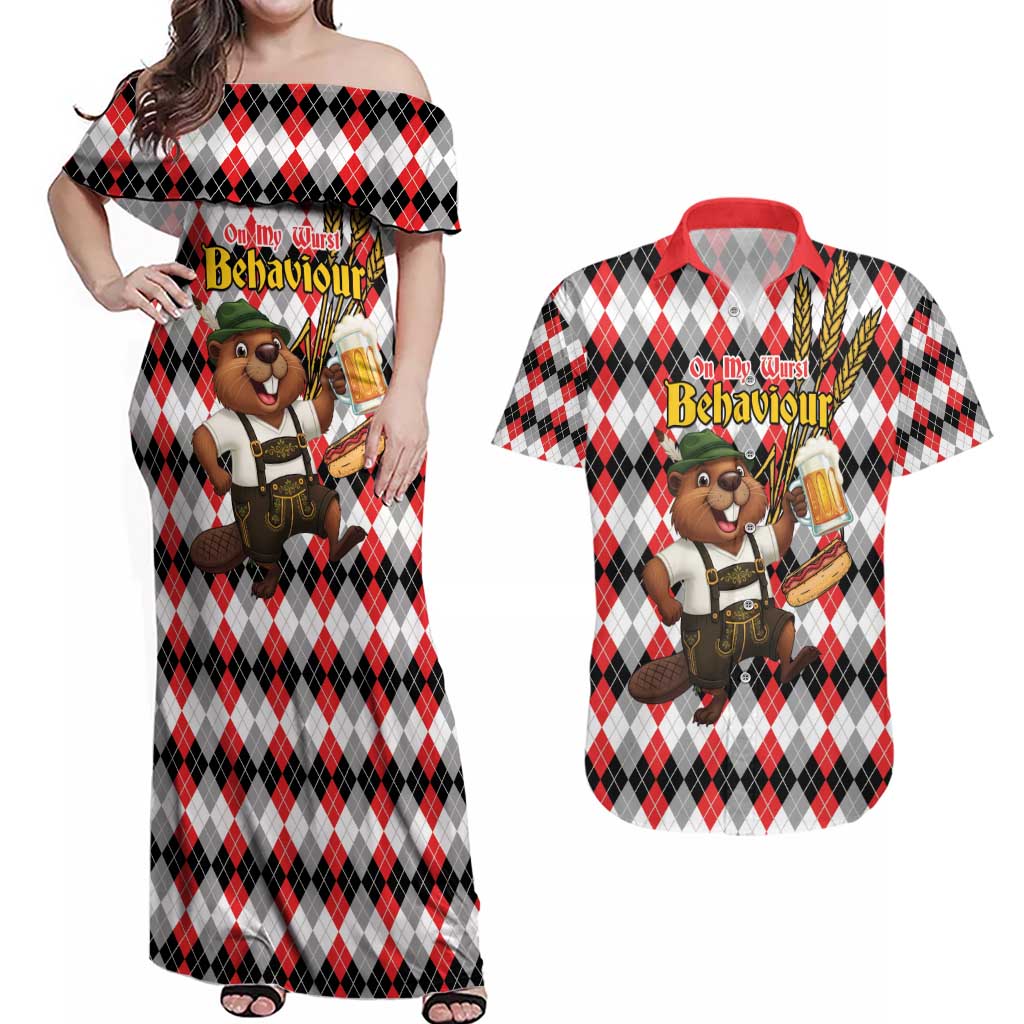 Oktoberfest Beaver Couples Matching Off Shoulder Maxi Dress and Hawaiian Shirt On My Wurst Behaviour - Wonder Print Shop