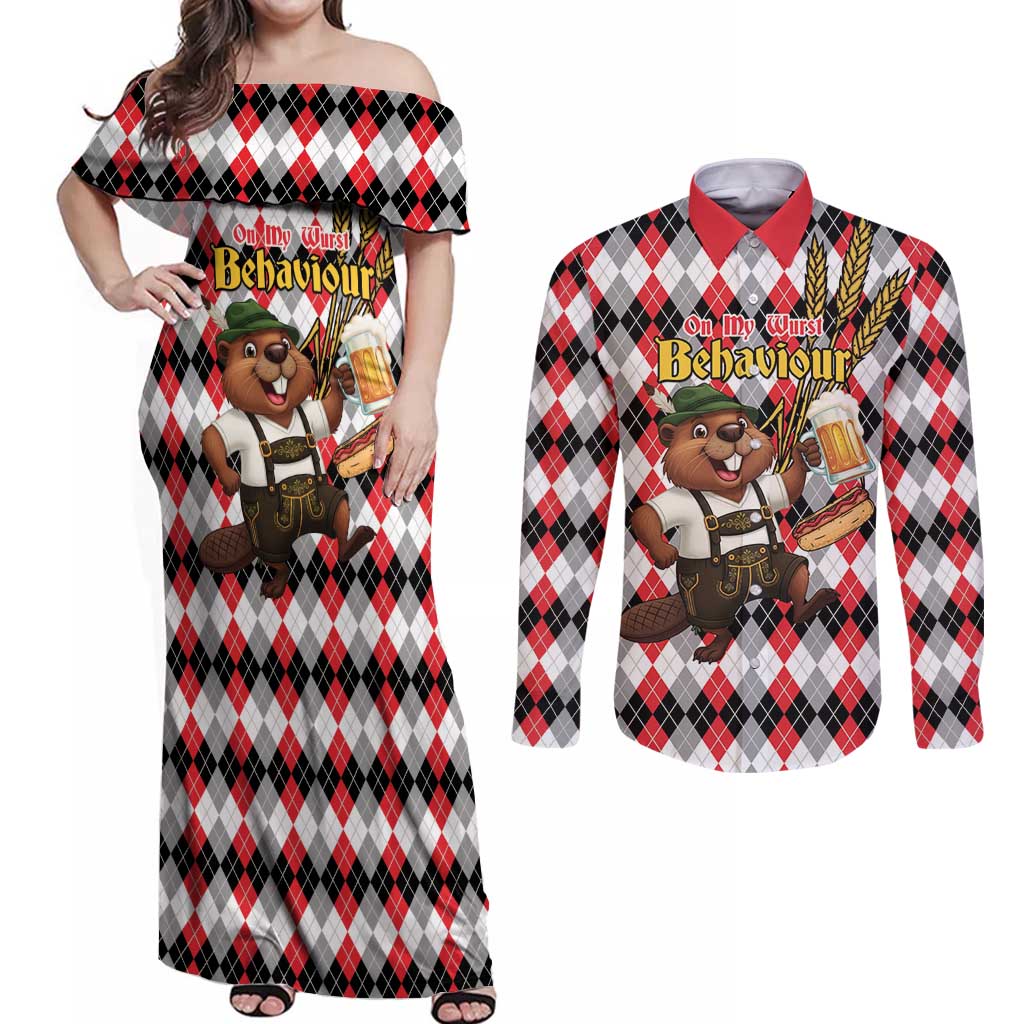 Oktoberfest Beaver Couples Matching Off Shoulder Maxi Dress and Long Sleeve Button Shirt On My Wurst Behaviour - Wonder Print Shop